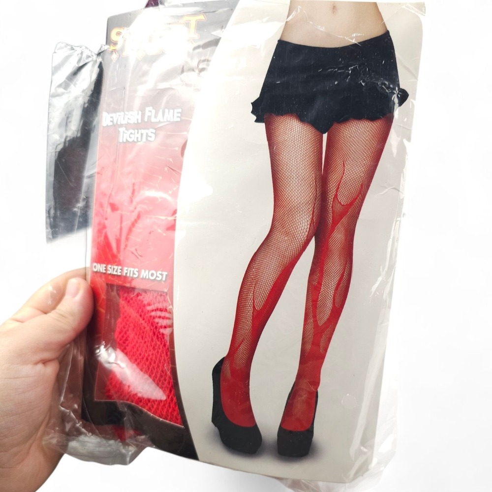 Spirit Halloween Devilish Flame Tights Red Fishnet Stockings Fire Devil Costume